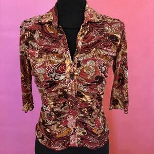 Y2K 2000s Shameless Red & Orange Paisley Boho Ruched Button Down Blouse Small SP